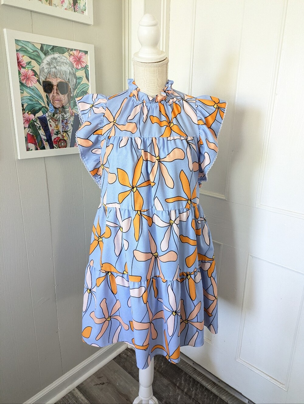 Crosby‎ by Mollie Burch Blue Floral Flutter Ruffle Sleeve Dress Women's Small *